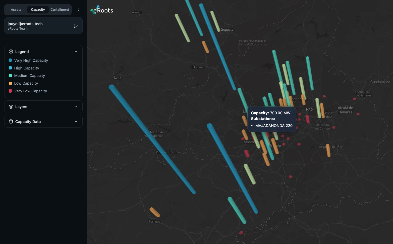 eRoots Map capacity view across Iberia